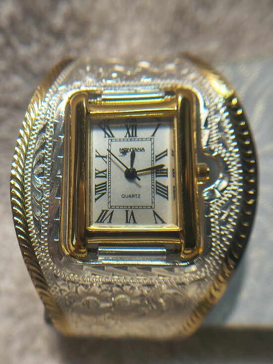 Montana Silversmiths Cuff Watch Silver Flower Filigree Gold New Bat Mint !! +Box main image 6
